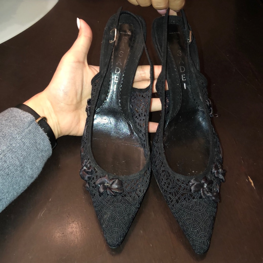 Vintage Casadei black crochet sling back heels